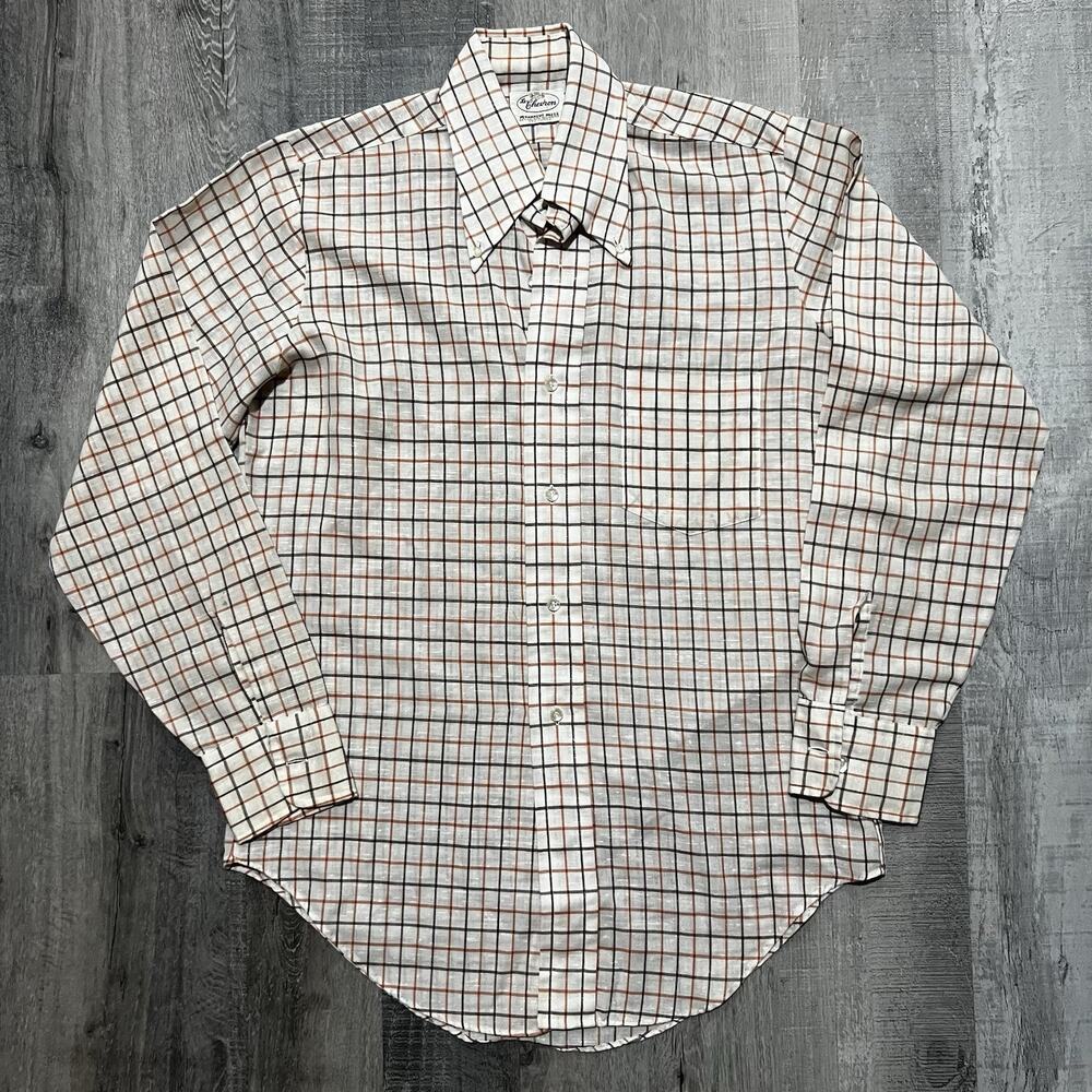 VTG Le Chevron 60s/70s Permanent Press White Long Sleeve Mens Grid Button Shirt